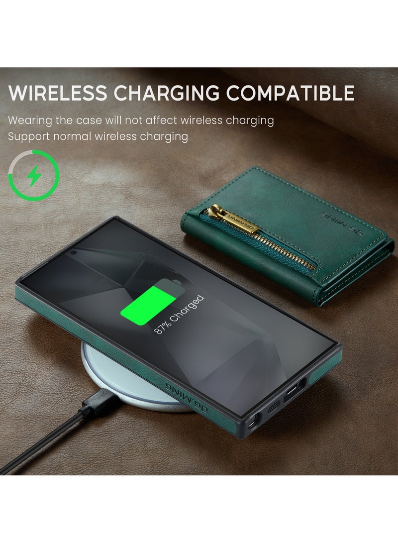 DGMING CaseMe Wallet Case for Samsung Galaxy S24 Ultra DGMING Premium Leather Phone Case Back Cover Magnetic Detachable with Trifold Wallet Card Holder Pocket - Green  - Image 4