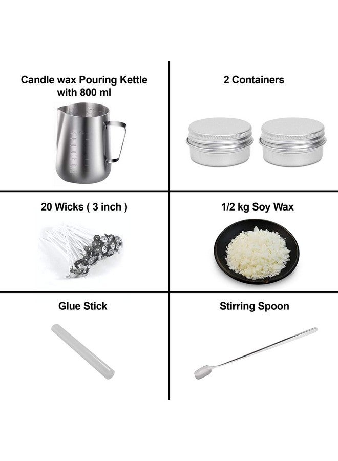 AURA DECOR AuraDecor Candle Making Kit - 1 Wax Pouring Kettle (800ml), 1/2 Kg Soy Wax, 20 Wick (3 inch), 1 Glue Stick, 1 Stirring Spoon & 2 Containers, White - Image 3