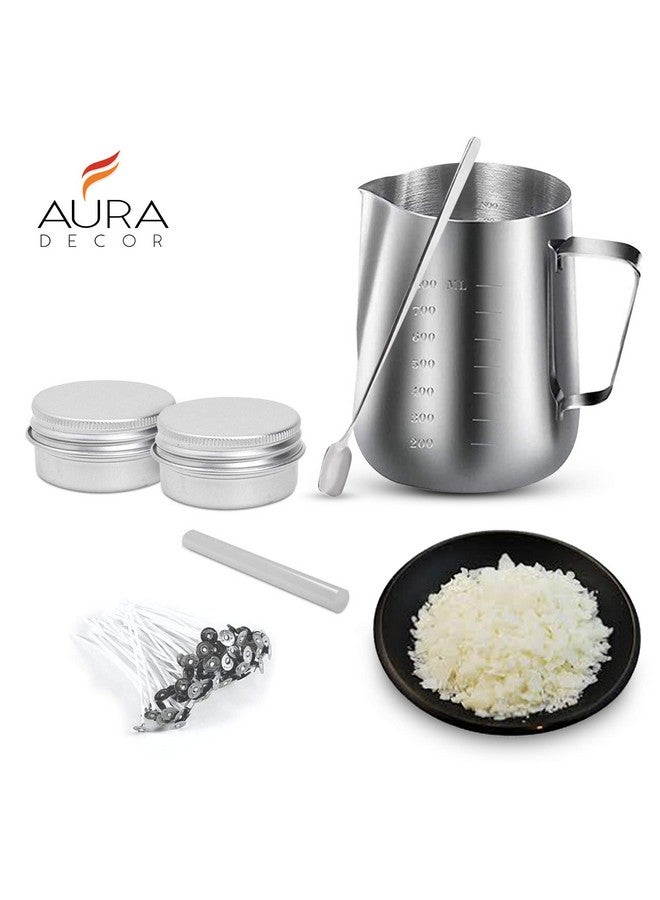 AURA DECOR AuraDecor Candle Making Kit - 1 Wax Pouring Kettle (800ml), 1/2 Kg Soy Wax, 20 Wick (3 inch), 1 Glue Stick, 1 Stirring Spoon & 2 Containers, White - Image 2