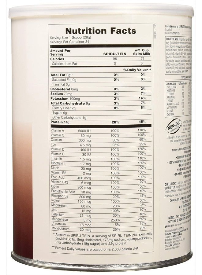 Nature's Plus NaturesPlus SPIRU-TEIN Shake - Chocolate - 2.1 lbs, Spirulina Protein Powder - Plant Based Meal Replacement, Vitamins & Minerals for Energy - Vegetarian, Gluten-Free - 34 Servings - Image 3