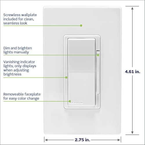 Leviton Decora Smart Dimmer Switch, Wi-Fi 2nd Gen, Neutral Wire Required, Works with Matter, My Leviton, Alexa, Google Assistant, Apple Home/Siri & Wired or Wire-Free 3-Way, D26HD-1RW, White - Image 5