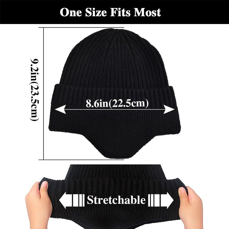 Heniho 2pcs Winter Beanies with Ear Flaps for Men Women, Warm Knit Earflaps Cap Thick Hats, A - Image 2