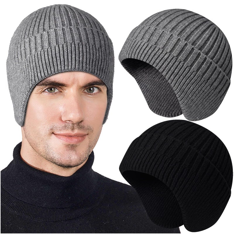 Heniho 2pcs Winter Beanies with Ear Flaps for Men Women, Warm Knit Earflaps Cap Thick Hats, A - Image 1
