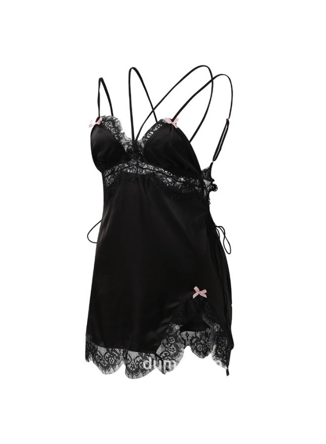 Silk Satin Cami Nightdress with Lace Trim, Deep V-Neck Backless Lingerie Slip Dress, Soft Breathable Sleepwear for Women - Image 1