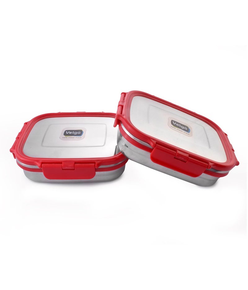 Veigo Veigo Premium Finish Lock N Steel 2 Pcs Container (2 Big), Airtight Leakproof Lunch Box Sleek & Compact Design Easy to Fit Into Any Bagpack Perfect for Office,School,Outdoor- Red 600ml+600ml  - Image 1