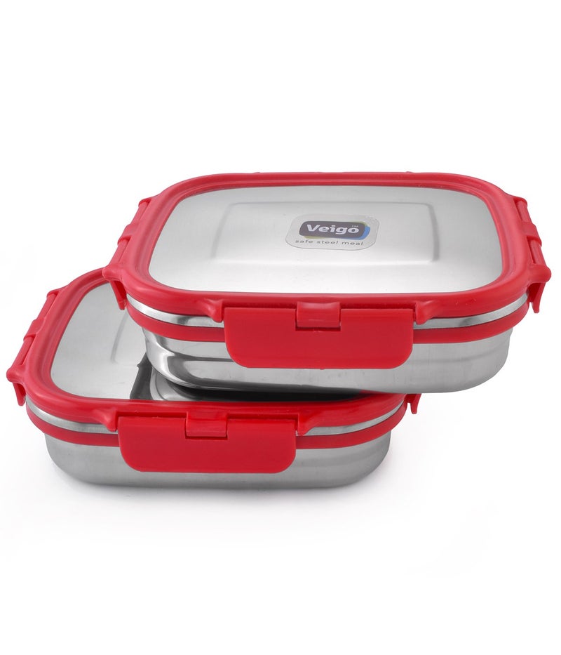 Veigo Veigo Premium Finish Lock N Steel 2 Pcs Container (2 Big), Airtight Leakproof Lunch Box Sleek & Compact Design Easy to Fit Into Any Bagpack Perfect for Office,School,Outdoor- Red 600ml+600ml  - Image 2