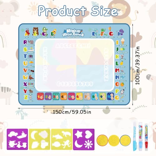 PATPAT® 80x60CM Magic Water Doodle Mat for Kids, Reusable Cartoon Floor Drawing Art Mat with Water Pens, Roller Stamps & Templates, Creative Educational Gift Set for Boys and Girls - Image 2