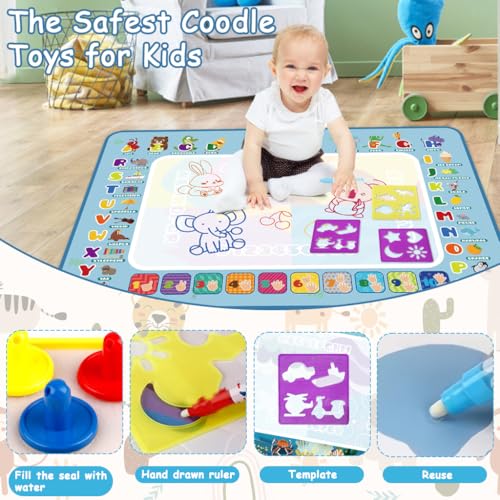 PATPAT® 80x60CM Magic Water Doodle Mat for Kids, Reusable Cartoon Floor Drawing Art Mat with Water Pens, Roller Stamps & Templates, Creative Educational Gift Set for Boys and Girls - Image 5