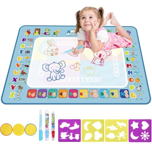 PATPAT® 80x60CM Magic Water Doodle Mat for Kids, Reusable Cartoon Floor Drawing Art Mat with Water Pens, Roller Stamps & Templates, Creative Educational Gift Set for Boys and Girls - Image 1