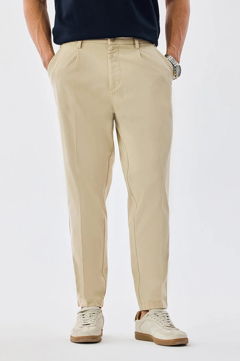 سنيتش Beige Solid Tapered Casual Chinos