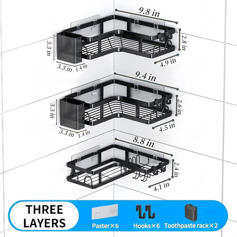 AMINAC Corner Shower Caddy 5-Pack, 3-Tier Bathroom Shelf with 2 Hanging Boxes & 6 Removable Hooks, 22LB Heavy-Duty Bath Storage for Shower, Kitchen, Dorm, Black - Image 2