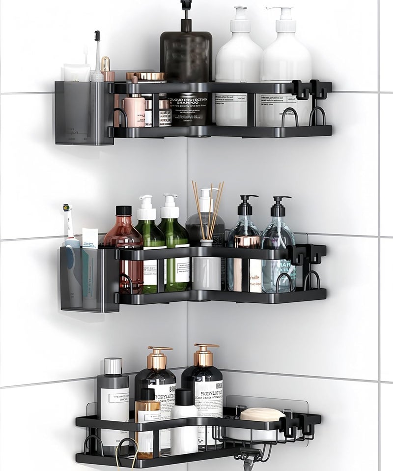 AMINAC Corner Shower Caddy 5-Pack, 3-Tier Bathroom Shelf with 2 Hanging Boxes & 6 Removable Hooks, 22LB Heavy-Duty Bath Storage for Shower, Kitchen, Dorm, Black - Image 1