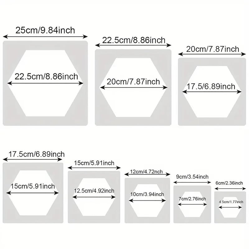 CLITHS Set of 8pcs Large Hexagon Stencils for Painting – Reusable Plastic Honeycomb Templates for Wall, Fabric, Paper, Wood Crafts – 0.5mm Thick – Sizes 9.84 Inch to 2.36 Inch - Image 2