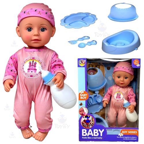 Toyify Realistic Baby Doll Playset with Feeding Bottle, Potty, Plate & Utensils – Soft Vinyl Doll for Kids (3+ Years) | Interactive Boy Doll Toy in Cute Outfit Bendable Legs (C10) - Image 1