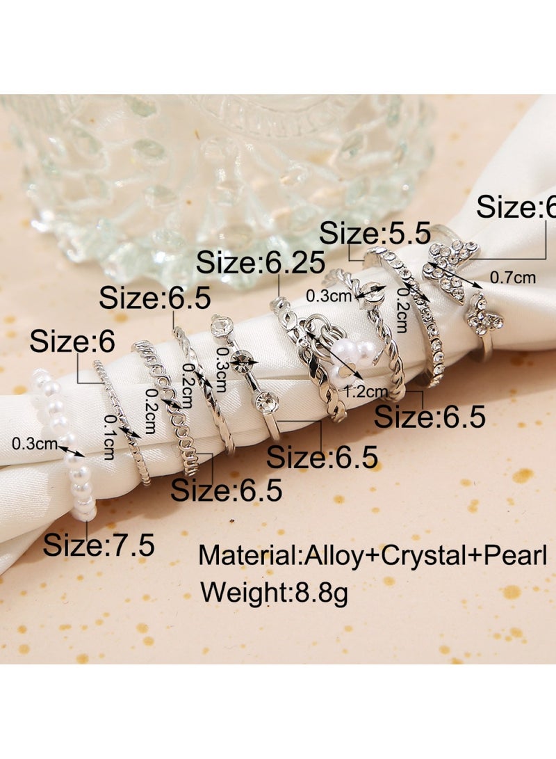 هويتك مجموعة خواتم فضية أنيقة مكونة من 9 قطع مصنوعة من سبائك وكريستال ولؤلؤ - Image 2