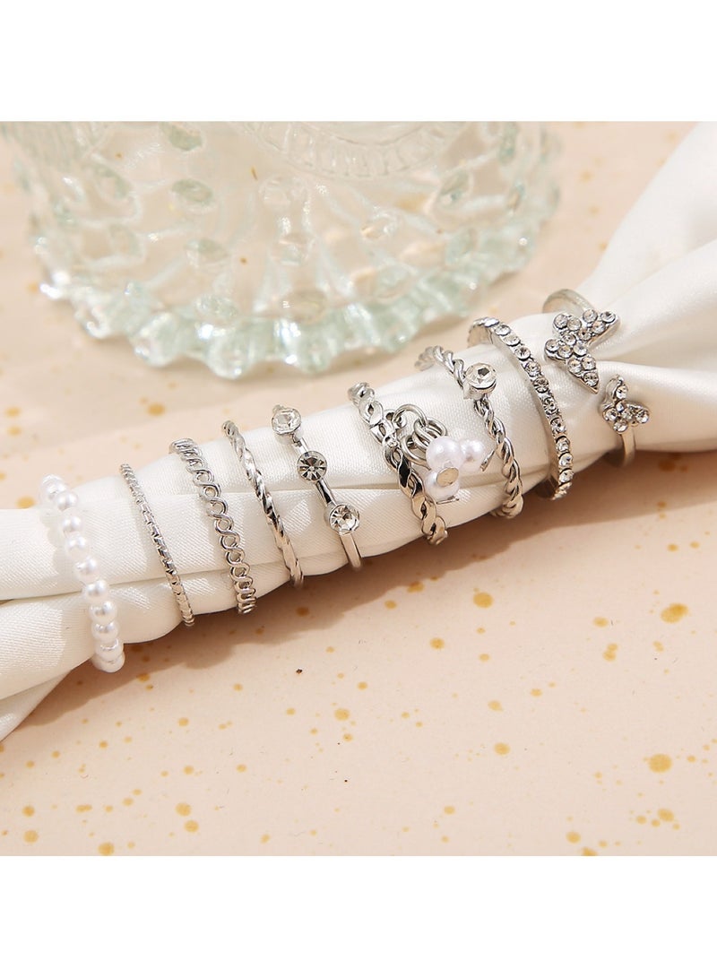 هويتك مجموعة خواتم فضية أنيقة مكونة من 9 قطع مصنوعة من سبائك وكريستال ولؤلؤ - Image 4