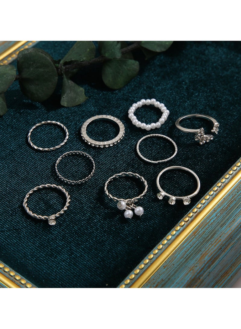 هويتك مجموعة خواتم فضية أنيقة مكونة من 9 قطع مصنوعة من سبائك وكريستال ولؤلؤ - Image 5