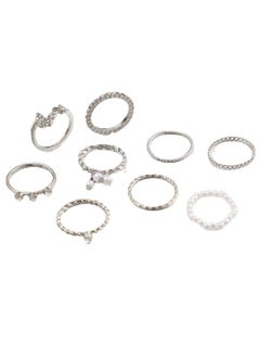Huitich 9 Pcs Elegant Silver Ring Set  Alloy, Crystal & Pearl  - Image 1