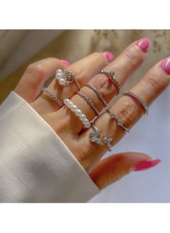 Huitich 9 Pcs Elegant Silver Ring Set  Alloy, Crystal & Pearl  - Image 2