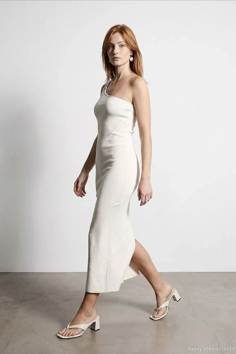 Dilvin Dusty White DILVIN Asymmetrical One-Shoulder Ribbed Midi Dress for Women | Best Price UAE