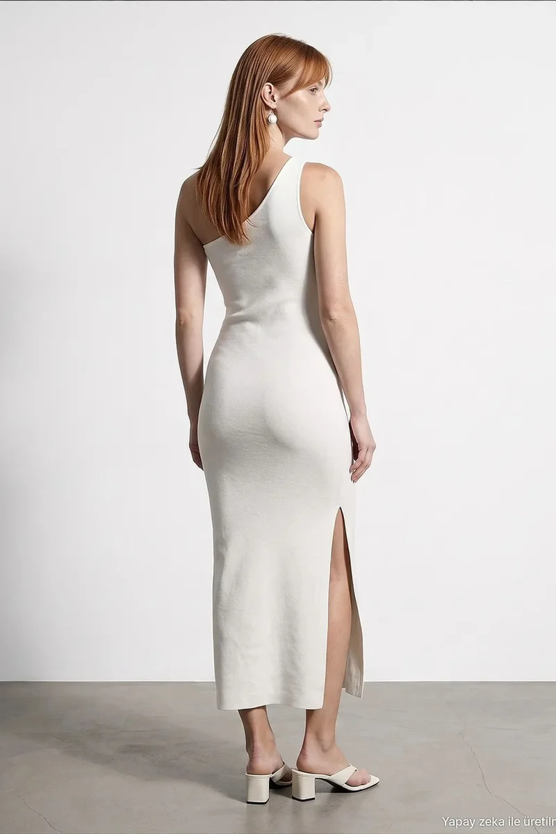 Dilvin Dusty White DILVIN Asymmetrical One-Shoulder Ribbed Midi Dress for Women | Best Price UAE