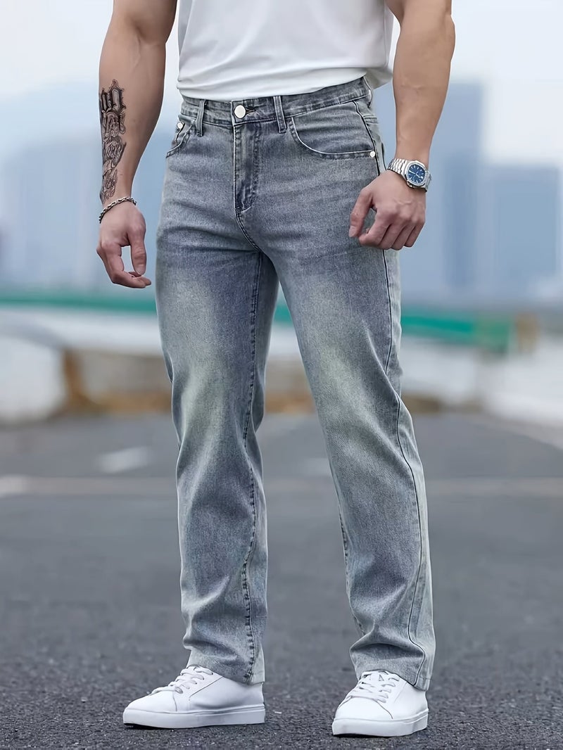 Men's Stretch Comfort Denim Straight-Leg Pants in Sea Blue, Simple and Slimming, Suitable for All Seasons - Image 2