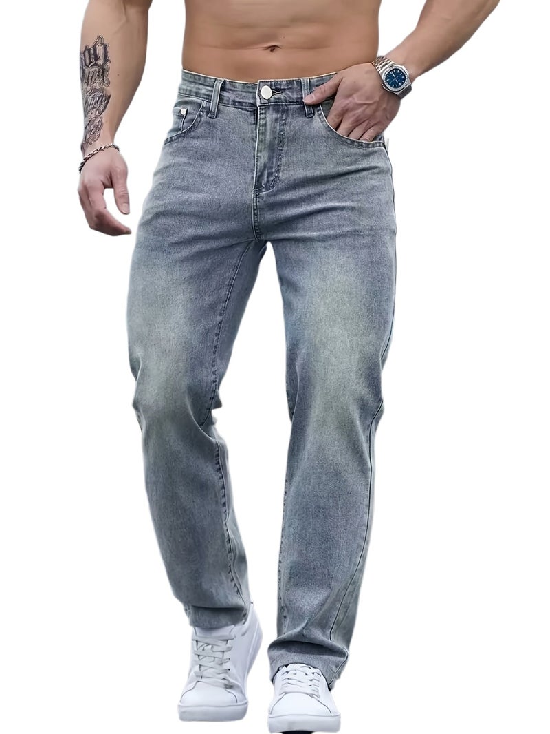 Men's Stretch Comfort Denim Straight-Leg Pants in Sea Blue, Simple and Slimming, Suitable for All Seasons - Image 1