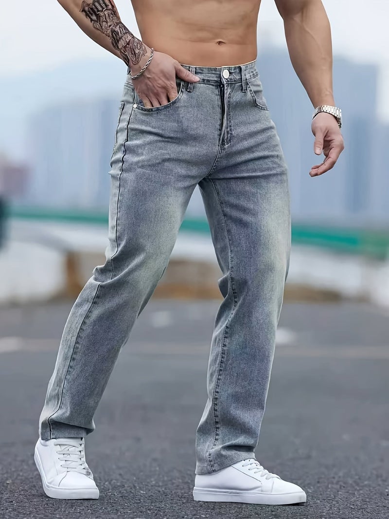 Men's Stretch Comfort Denim Straight-Leg Pants in Sea Blue, Simple and Slimming, Suitable for All Seasons - Image 3