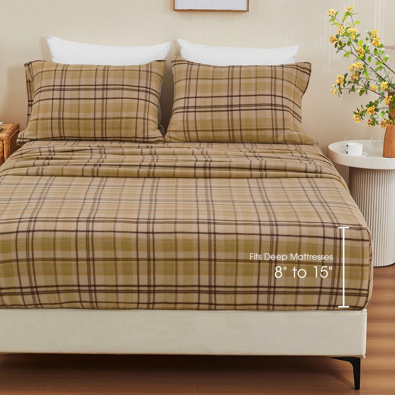 Ivellow Flannel Sheets King Size Deep Pocket Sheet Set Double Brushed Extra Soft Comfort Breathable 4 Pieces Khaki Plaid Fleece Bed Sheets King Bedding Warm Cozy Non Pilling - Image 5