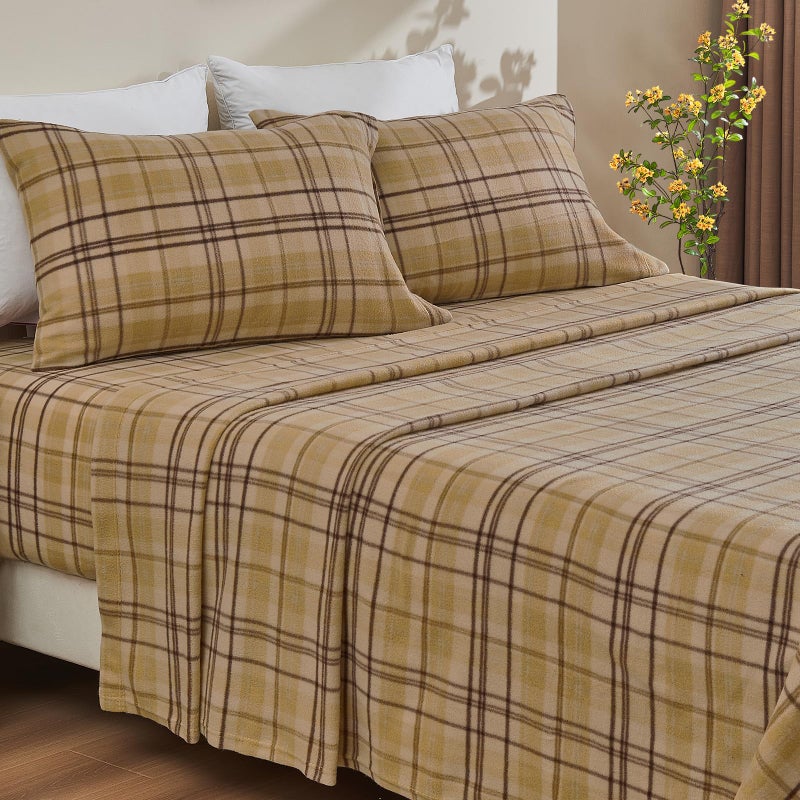 Ivellow Flannel Sheets King Size Deep Pocket Sheet Set Double Brushed Extra Soft Comfort Breathable 4 Pieces Khaki Plaid Fleece Bed Sheets King Bedding Warm Cozy Non Pilling - Image 1