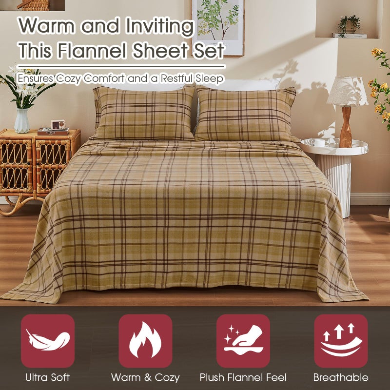 Ivellow Flannel Sheets King Size Deep Pocket Sheet Set Double Brushed Extra Soft Comfort Breathable 4 Pieces Khaki Plaid Fleece Bed Sheets King Bedding Warm Cozy Non Pilling - Image 2
