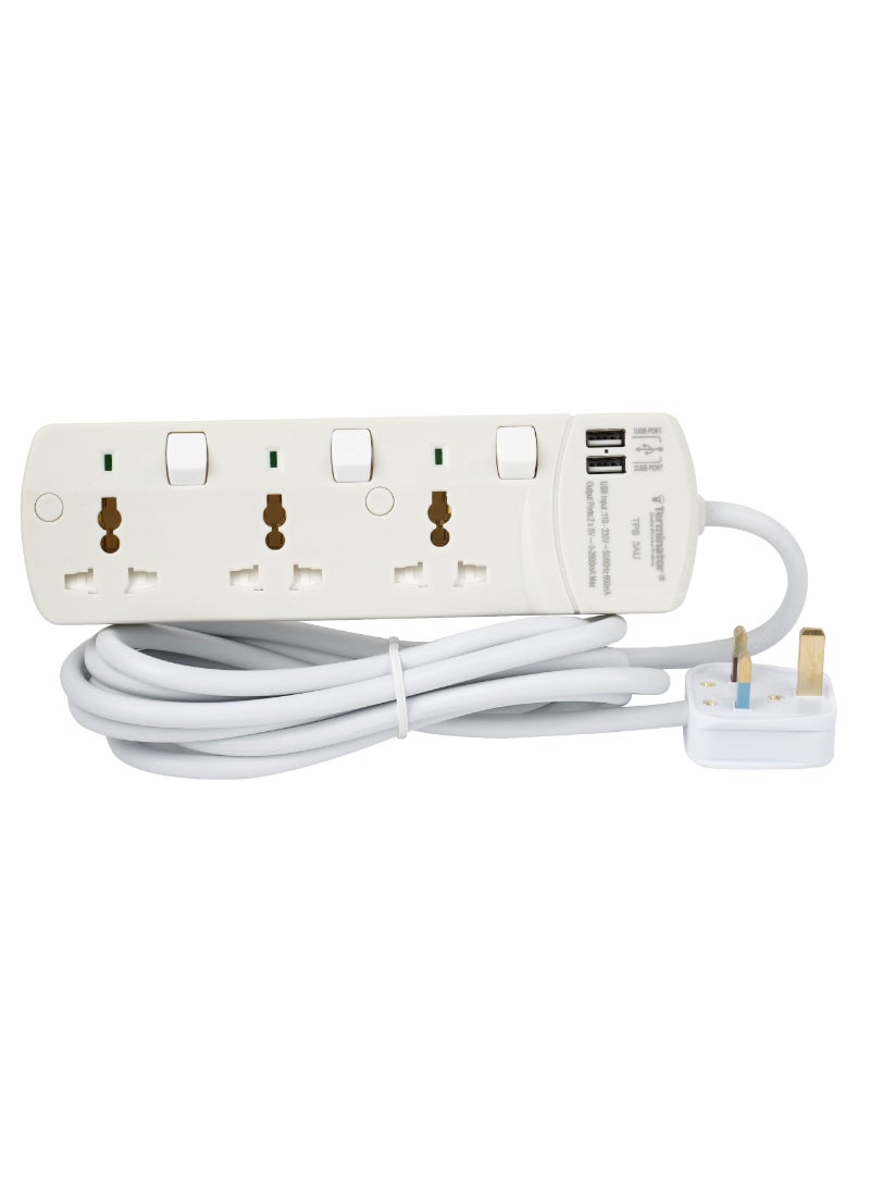 Terminator Extension 3G/3M + 2 USB TPB 3AU Universal Socket W/Individual Switches & Indicators Terminator 