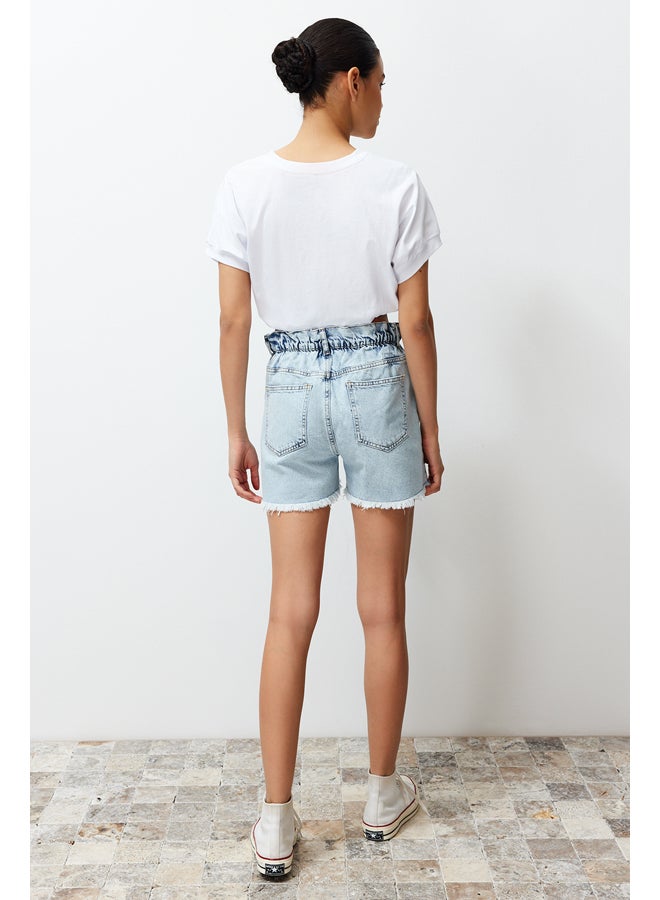 Light Blue Elastic Waist Denim Shorts & Bermuda TWOSS24SR00057