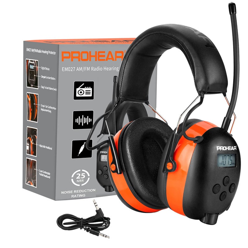 PROHEAR 027 AM FM Radio Headphones with Digital Display, 25dB NRR, Safety Ear Protection Earmuffs for Mowing, Snowblowing, Construction, Work Shops - Orange - Image 2