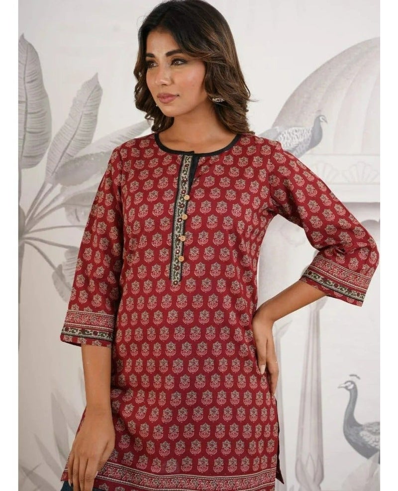 Indian Red Block Print Pure Cotton Tunic Kurti - Round Neck, Half Placket, Sequins - Image 1