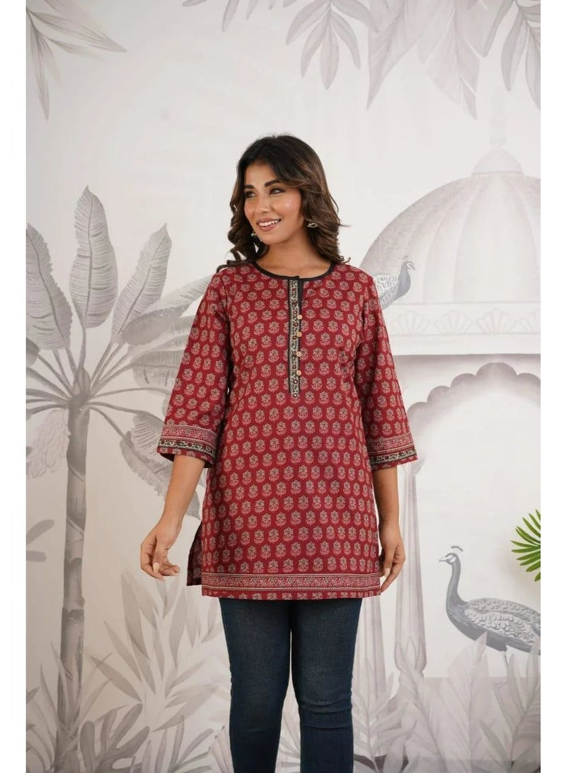 Indian Red Block Print Pure Cotton Tunic Kurti - Round Neck, Half Placket, Sequins - Image 4