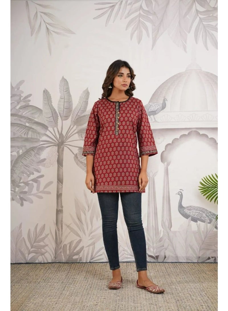 Indian Red Block Print Pure Cotton Tunic Kurti - Round Neck, Half Placket, Sequins - Image 3