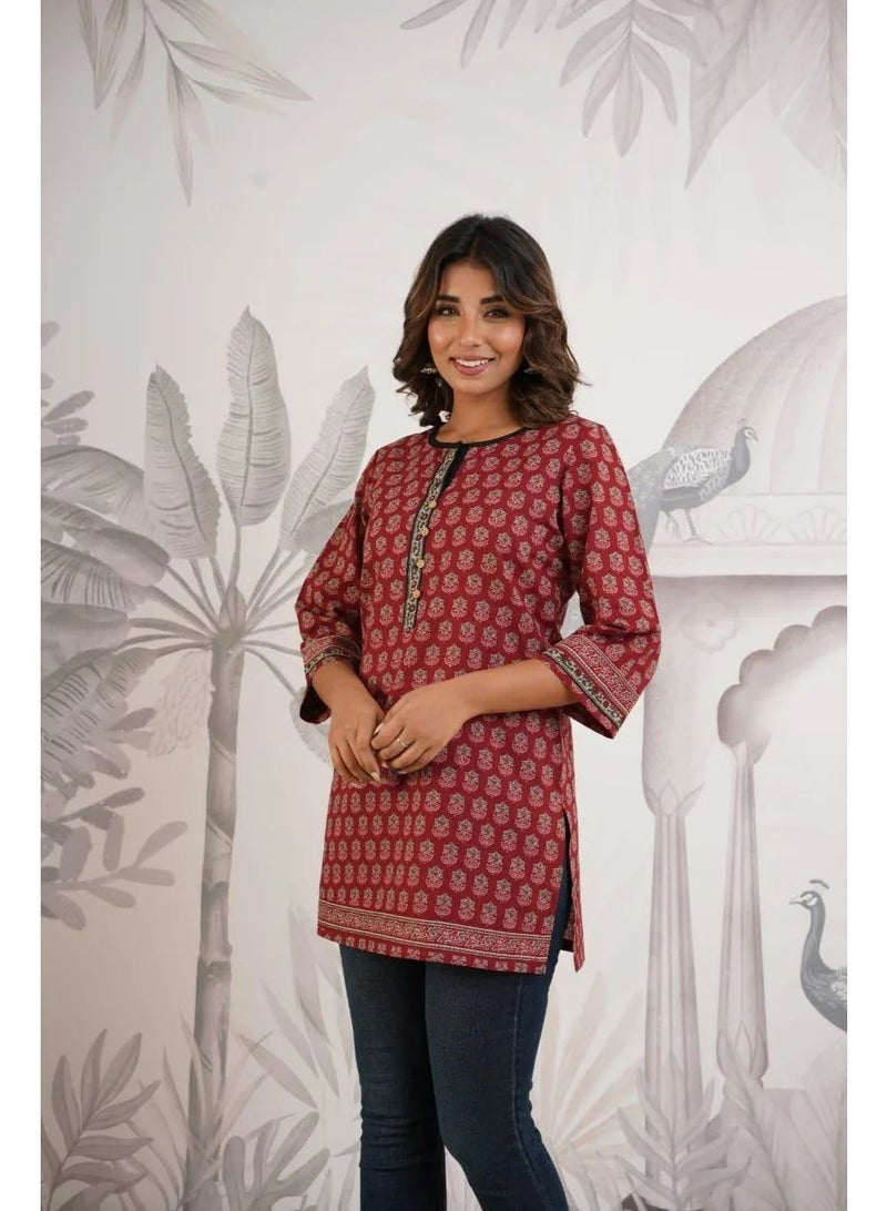Indian Red Block Print Pure Cotton Tunic Kurti - Round Neck, Half Placket, Sequins - Image 2