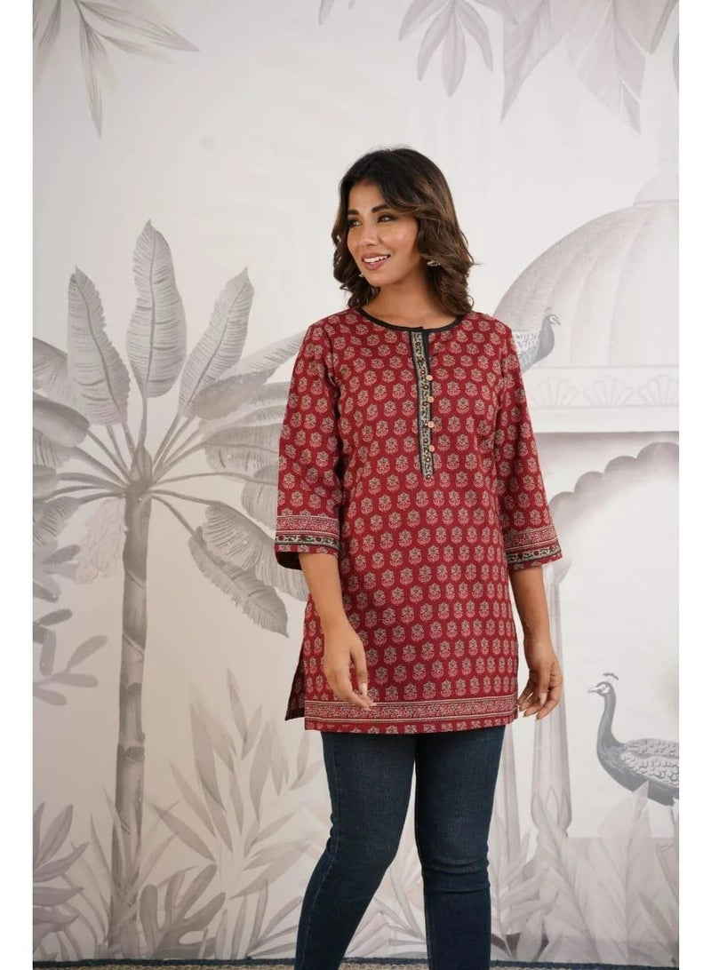 Indian Red Block Print Pure Cotton Tunic Kurti - Round Neck, Half Placket, Sequins - Image 5