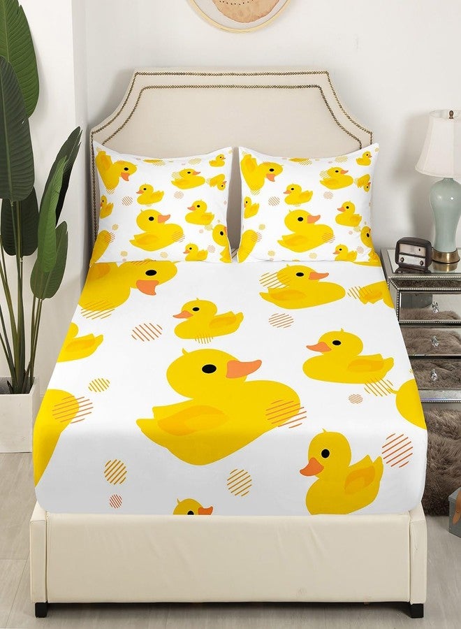 Erosebridal Cartoon Duck Bed Sheetsfor Kids Boys Girls,Kawaii Yellow Duck Fitted Sheet,Cute Hand Drawn Duck Bedding Set Twin,Lovely Farmhouse Animal Bed Cover + 1 Pillowcase,no Flat Sheet - Image 2