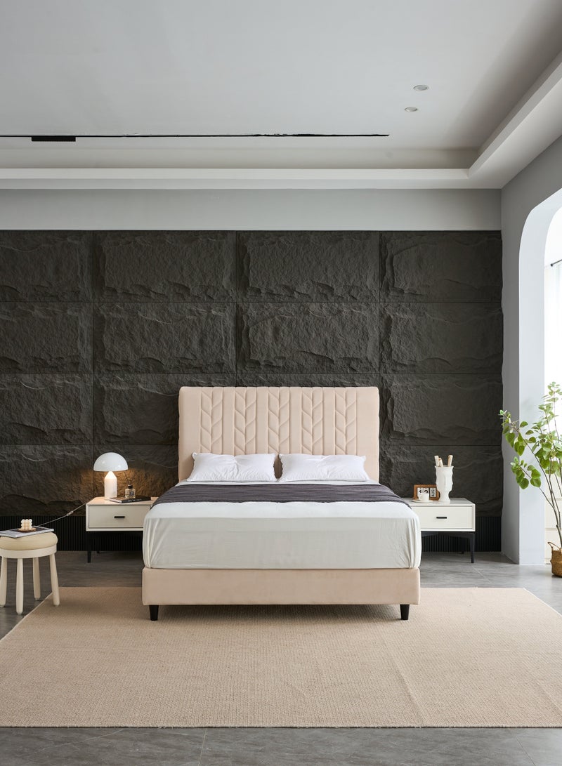 Panax Queen Size Bed Frame - Stylish & Comfortable | Velvet Upholstered Headboard | Sturdy & Noise-Free | Wooden Slats | No Box Spring Needed | Quick Assembly | Light Beige - Image 1
