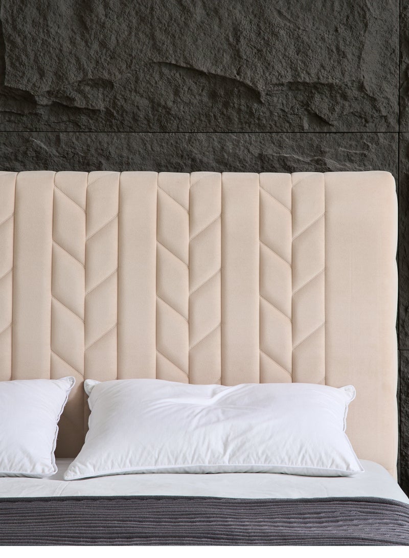 Panax Queen Size Bed Frame - Stylish & Comfortable | Velvet Upholstered Headboard | Sturdy & Noise-Free | Wooden Slats | No Box Spring Needed | Quick Assembly | Light Beige - Image 2