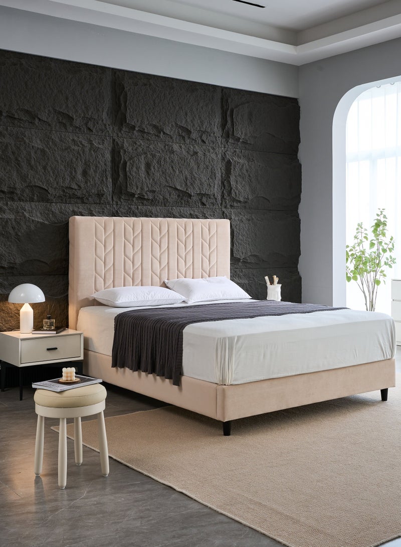 Panax Queen Size Bed Frame - Stylish & Comfortable | Velvet Upholstered Headboard | Sturdy & Noise-Free | Wooden Slats | No Box Spring Needed | Quick Assembly | Light Beige - Image 3
