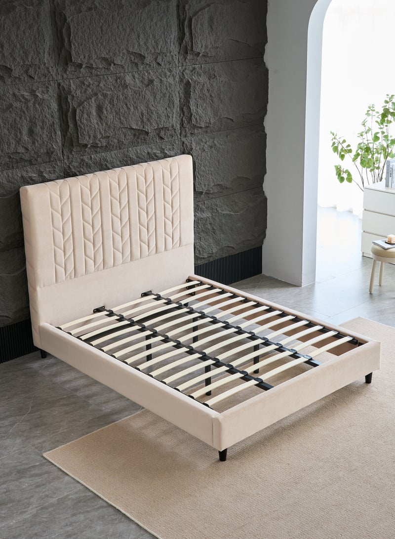 Panax Queen Size Bed Frame - Stylish & Comfortable | Velvet Upholstered Headboard | Sturdy & Noise-Free | Wooden Slats | No Box Spring Needed | Quick Assembly | Light Beige - Image 5