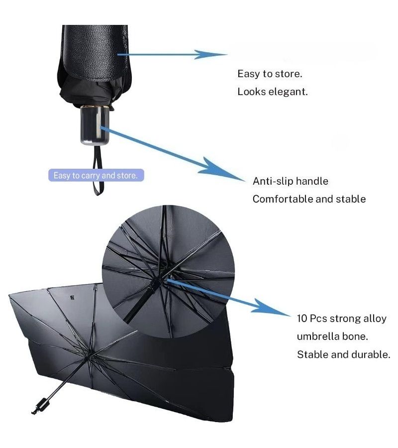 Universal Portable Cool Black Car Sunshade And Heat Insulation For All Large Vehicles With Emergency Umbrella Function Retractable Front Window Cover Reinforced Ribs Seamless Opaque Foldable Pouch - Image 5