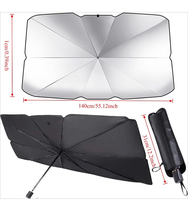 Universal Portable Cool Black Car Sunshade And Heat Insulation For All Large Vehicles With Emergency Umbrella Function Retractable Front Window Cover Reinforced Ribs Seamless Opaque Foldable Pouch - Image 3