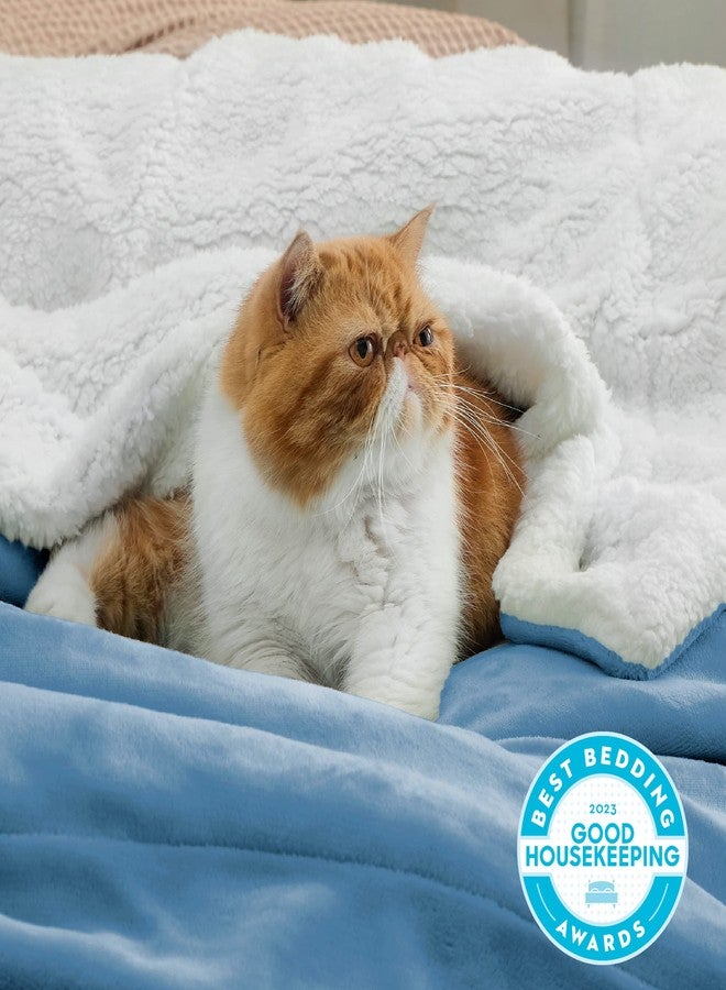 Bedsure GentleSoft Sherpa Fleece Throw Blanket Twin Size for Couch - Thick and Warm, Soft Fuzzy Plush Twin Blanket for Winter, Washed Blue, 60x80 Inches - Image 2