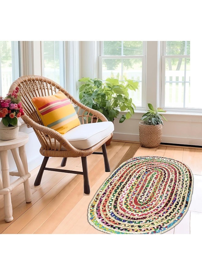 COTTON CRAFT Jute Chindi Braid Rag Rug Boho Farmhouse Rustic Area Accent Throw Rug Handwoven Reversible Natural Recycled Cotton Living Room Den Study Home Dcor Gift 3 x 5 Oval Multi Color - Image 2