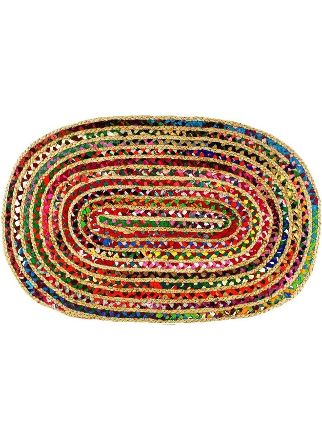 COTTON CRAFT Jute Chindi Braid Rag Rug Boho Farmhouse Rustic Area Accent Throw Rug Handwoven Reversible Natural Recycled Cotton Living Room Den Study Home Dcor Gift 3 x 5 Oval Multi Color - Image 1