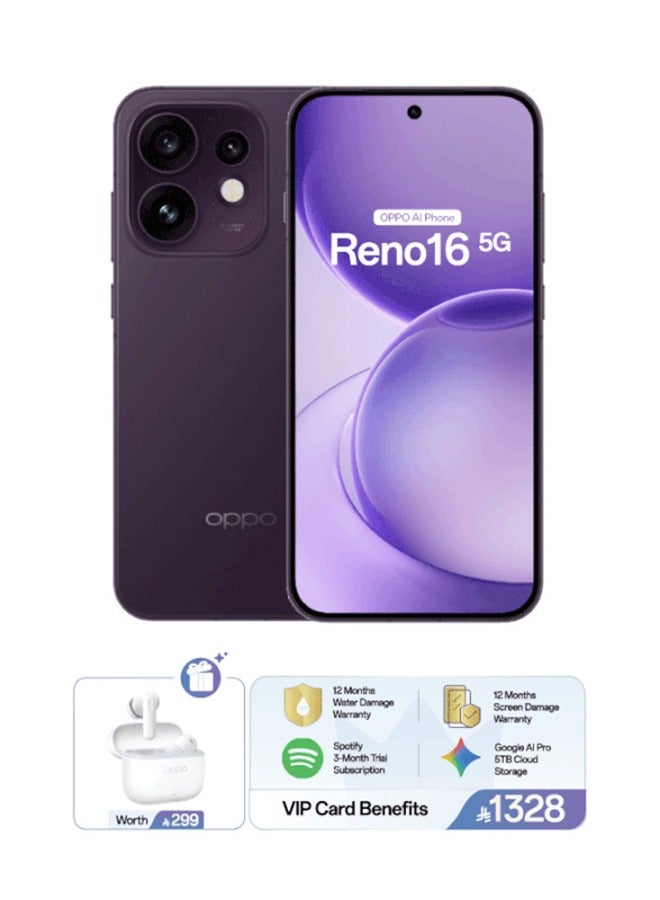 OPPO Reno16 5G Dual SIM and eSIM Twilight Violet 12GB RAM 256GB with FREE Enco Buds 3 Pro, Google Cloud Storage, Spotify Premium and VIP Card Warranty – Middle East Version - Image 1